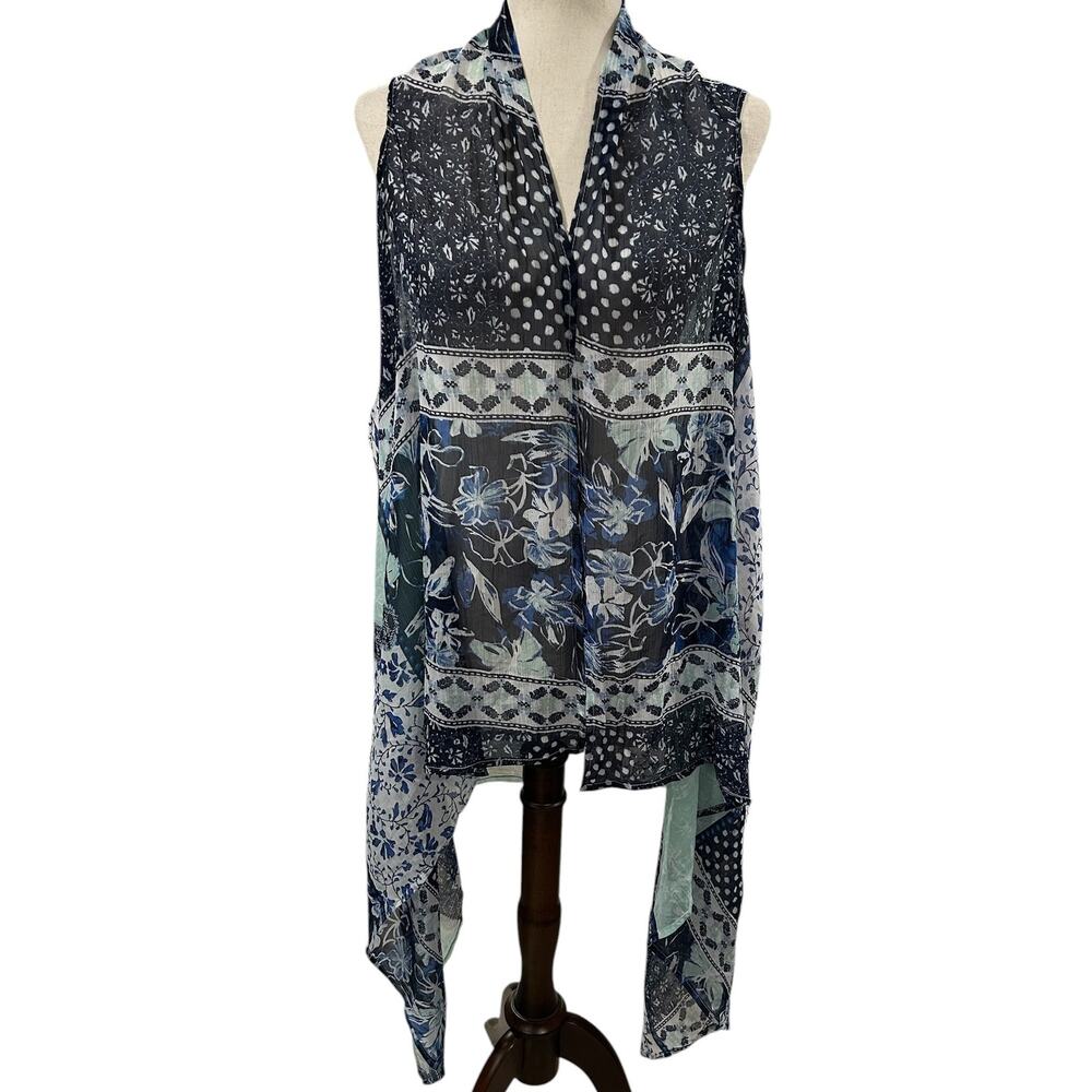 Lane Bryant One Size Blue White Patchwork Floral Cascading Scarf Vest EUC